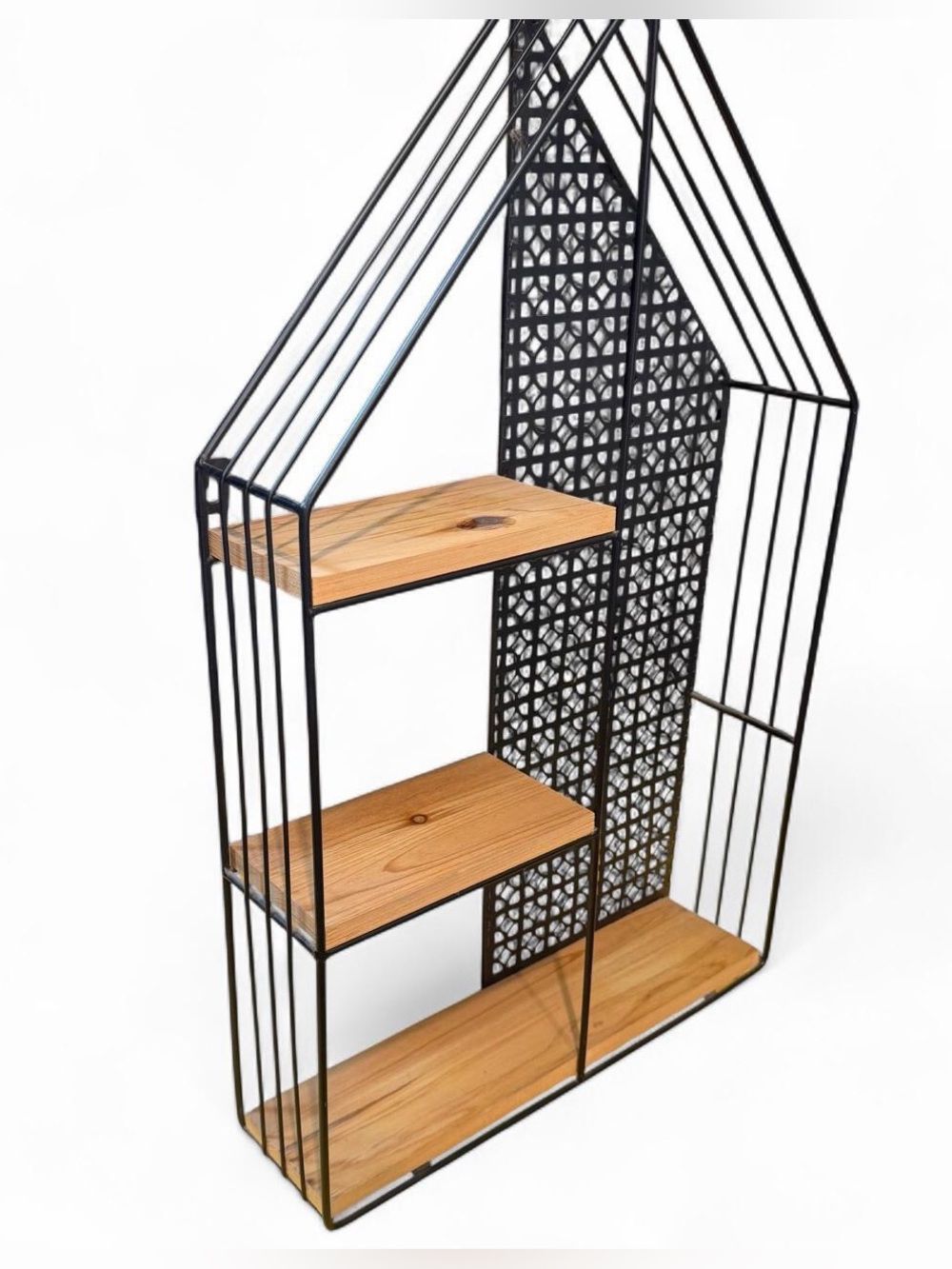 Black Metal and Natural Wood House-Style Wall Shelf - Home Wall Decor
